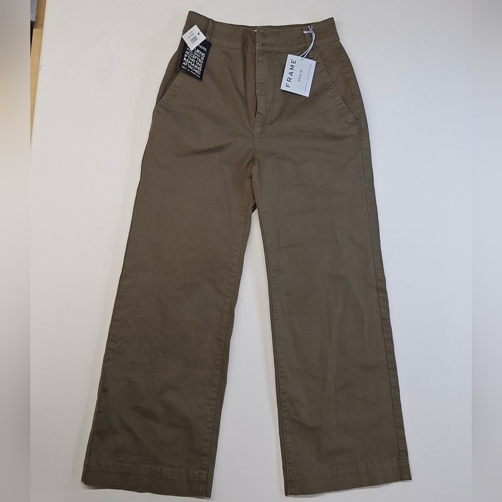 FRAME CROPPED COTTON-BLEND WIDE-LEG PANTS IN ARMY GREEN WOMEN’S SIZE 24 ANKLE